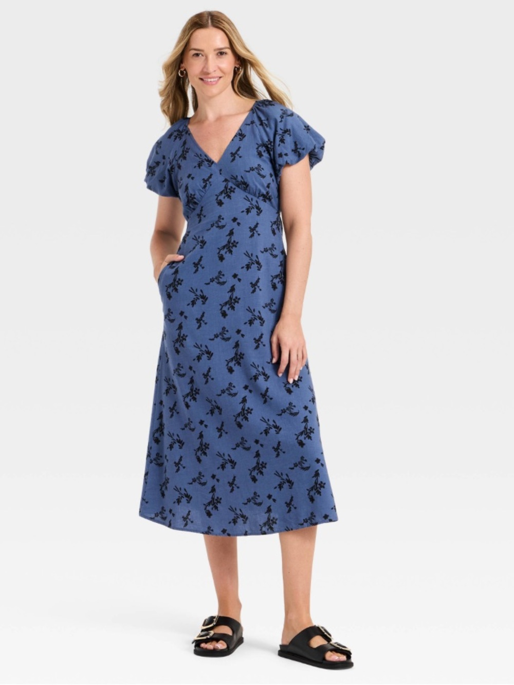 Blue Floral V-Neck Midi Dress